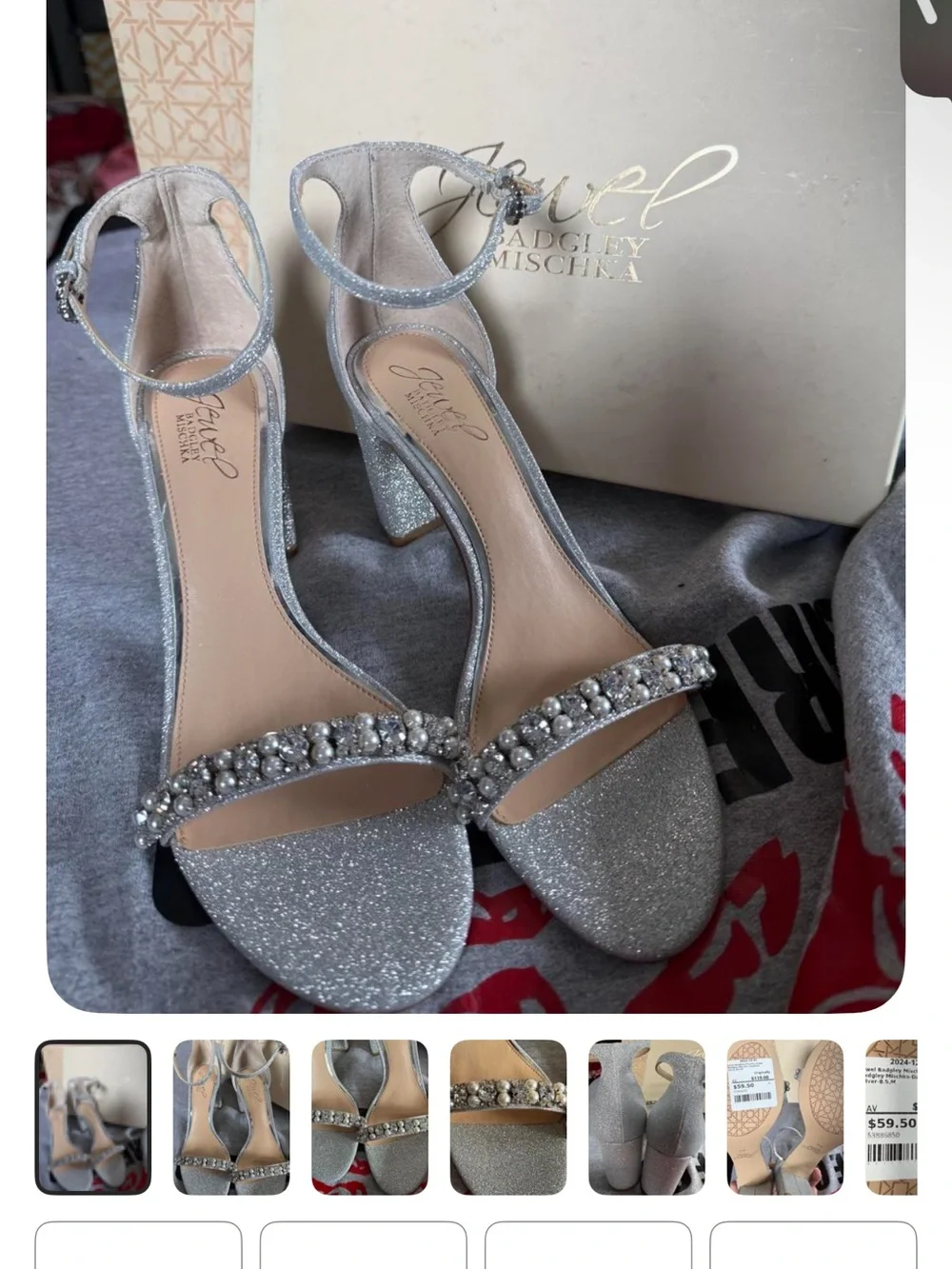 Badgley Mischka Silver Glitter Ankle-Strap Block Heels with Jeweled Toe Strap